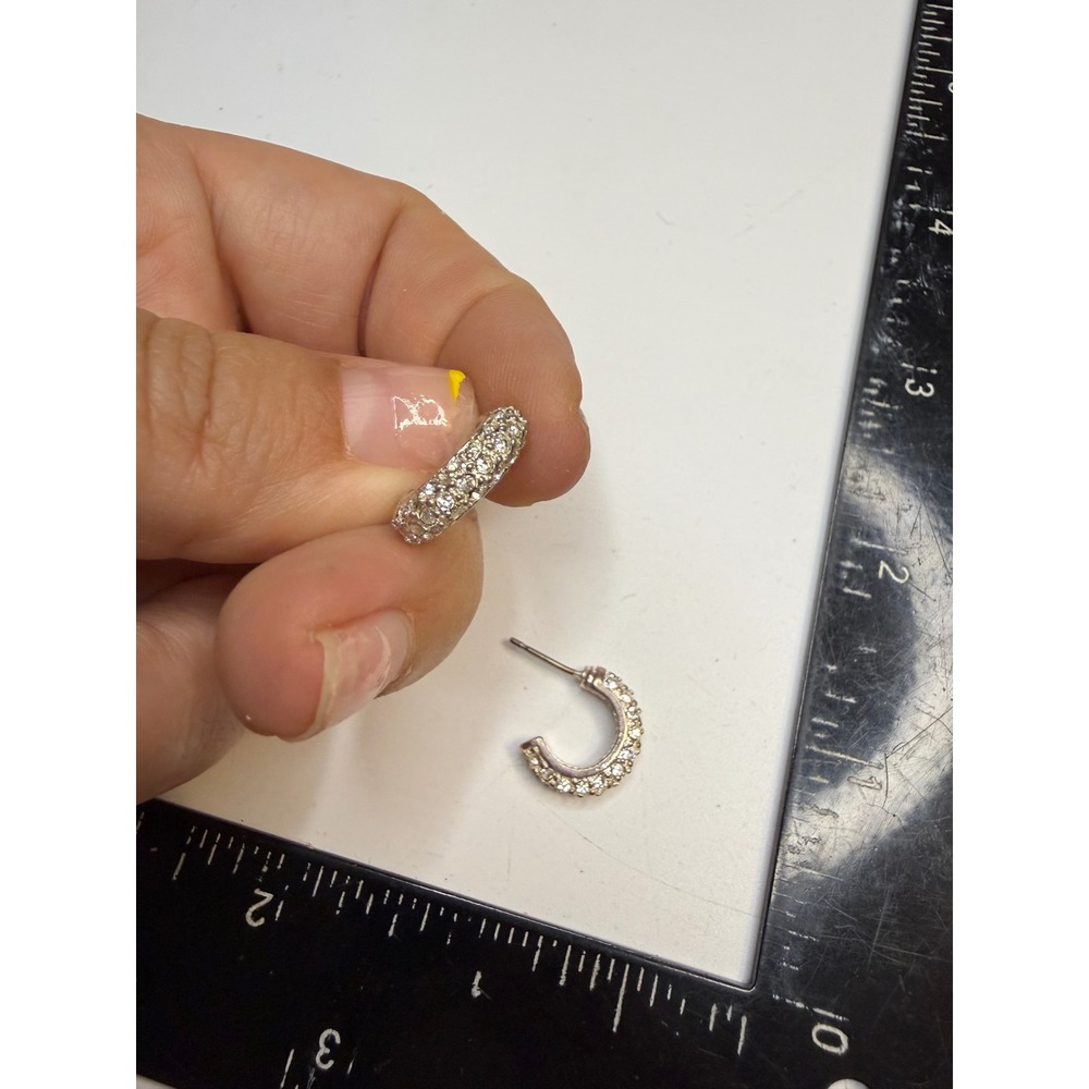 Silver Tone Pavé Crystal J-Hoop Earrings Clear Rhinestone Huggie Studs